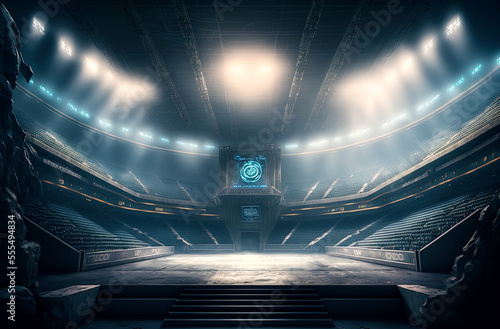 Empty abandoned sport arena illuminated with spotlights. Postproducted generative AI digital illustration.