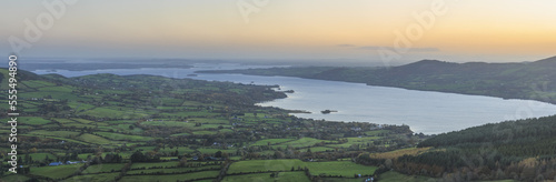 Sunrise over County Clare and Lough Derg, stiched panorama; Killaloe, County Clare, Ireland