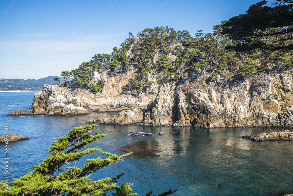 Tree-covered rocky peninsula and rugged shoreline at Point Lobos State Natural Reserve; California, United States of America Tree-covered rocky peninsula and rugged shoreline at Point Lobos State Natural Reserve; California, United States of America