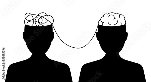 mental health concept. Siduet of a two male heads with a brain and a tangled tangle of thoughts