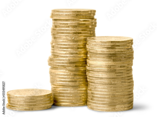 Golden coin stacks on a white background