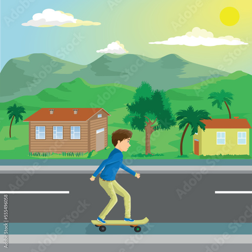 young boy skateboarding on the sidewalk