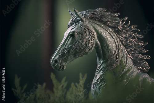 silver white horse head in the forest 3d sculpture