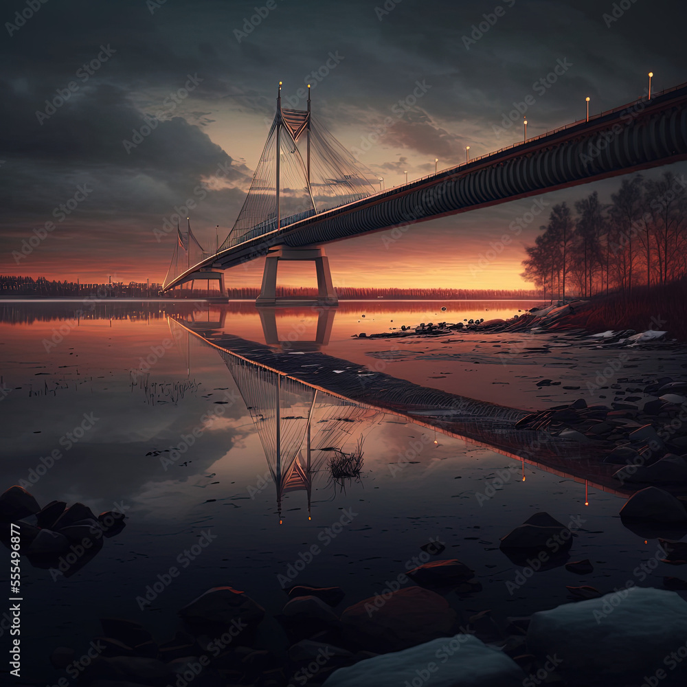 Sunset over the bridge. Generative AI picture.