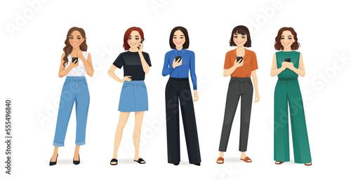 Smiling young people talking on mobile phones. Different women characters set vector illustration isolated