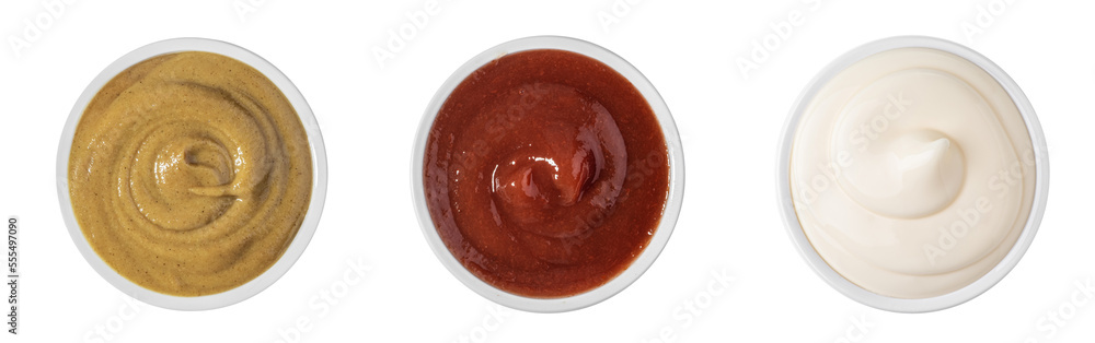A set of sauces on a white background