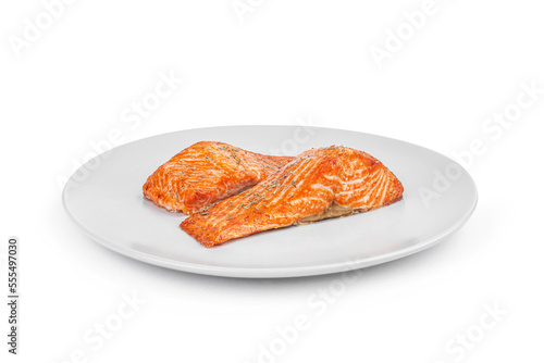 Tableau sur toile Salmon steak on a white plate isolated on a white background