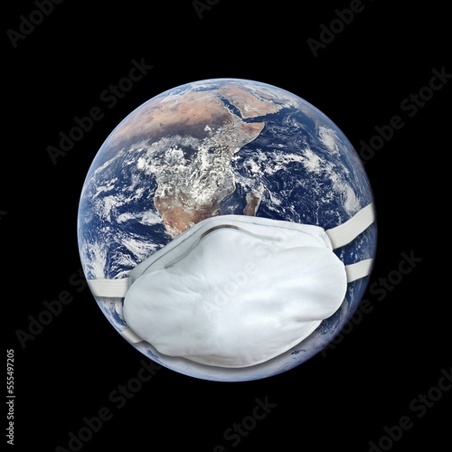 Planet earth wearing a medical mask on a black background during the Coronavirus (Covid-19) global pandemic photo