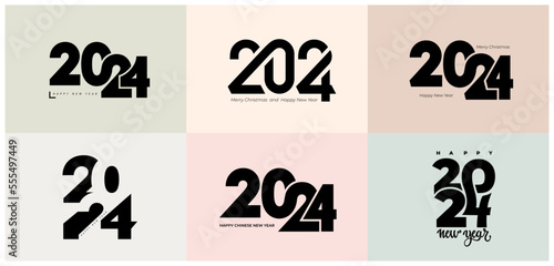 Big set 2024 Happy New Year black logo text design. Black number design template. Symbols of 2024 Happy New Year. Vector with creative labels isolated on colored background.