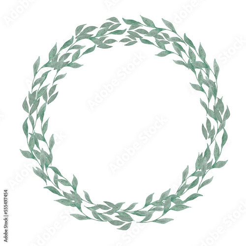 Watercolor illustration of round frame wreath of minimalistic green leaves isolated