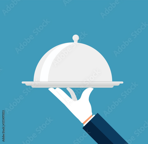 Waiter hand holding tray. Restaurant service. Vector illustration isolated on blue background