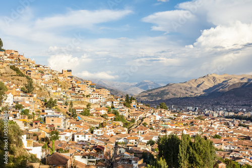 Hills of the city of Cusco, Peru in warm late afternoon light; Cusco, Cusco, Peru photo