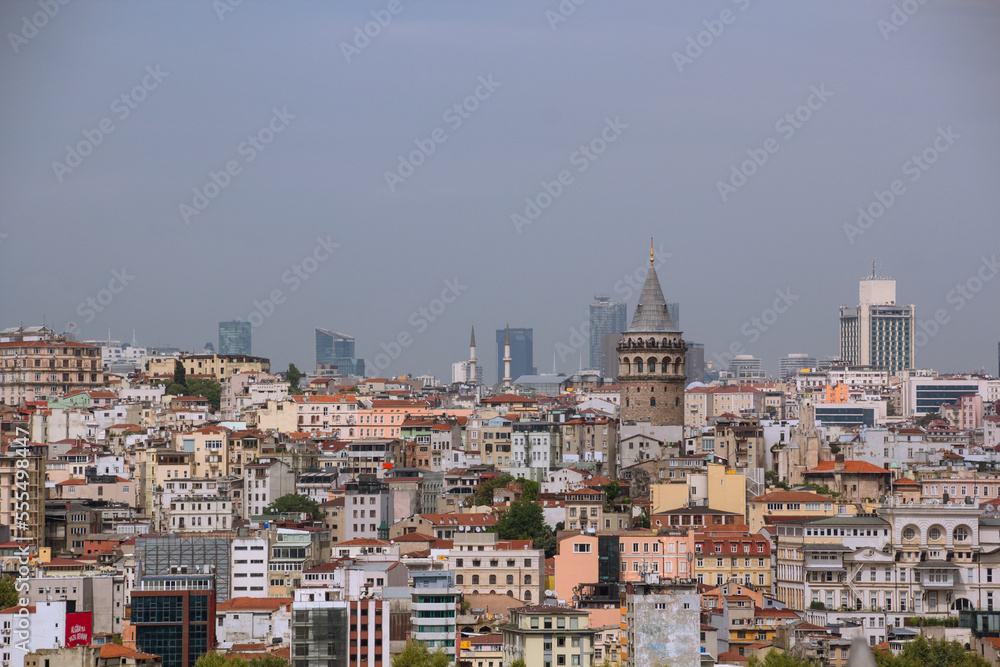 View of Galata Tower of Istanbul in Turkey. Sky and cloud background. View of Istanbul. Turkish name: Galata Kulesi. August, 2022. View of Galata Tower of Istanbul in Turkey. Sky and cloud background. View of Istanbul. Turkish name: Galata Kulesi. August, 2022.