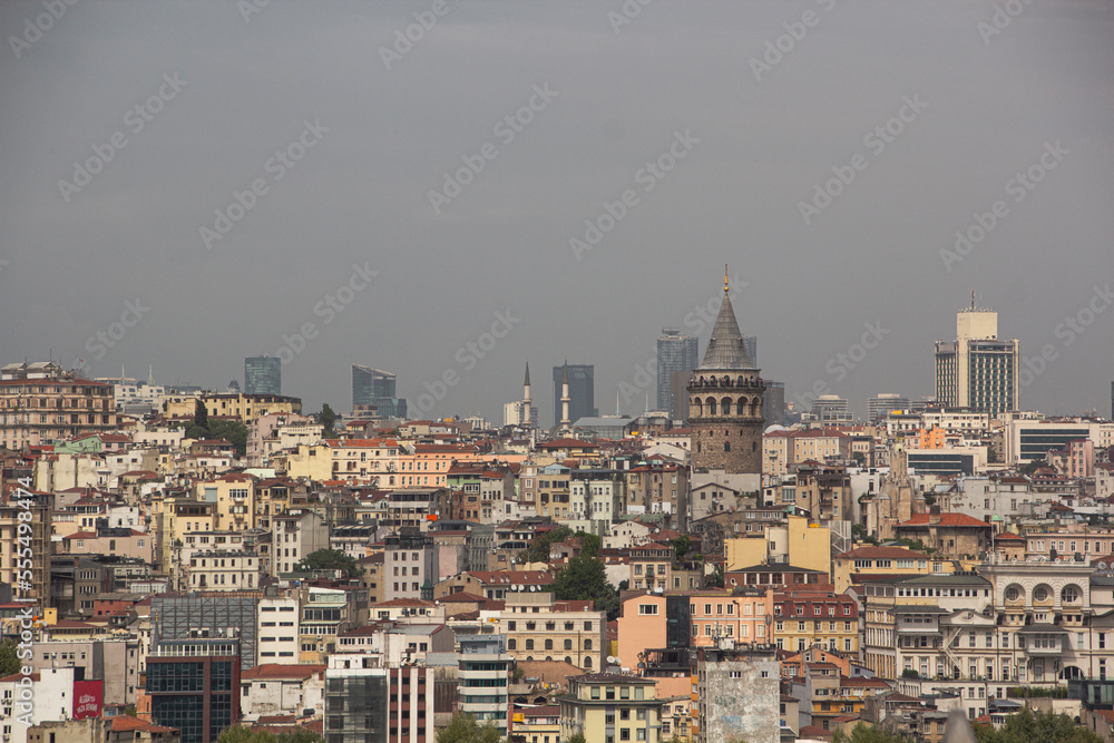 View of Galata Tower of Istanbul in Turkey. Sky and cloud background. View of Istanbul. Turkish name: Galata Kulesi. August, 2022. View of Galata Tower of Istanbul in Turkey. Sky and cloud background. View of Istanbul. Turkish name: Galata Kulesi. August, 2022.
