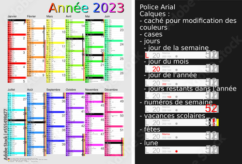 Calendrier 2023, calques, vacances scolaires, Saints, 12 mois