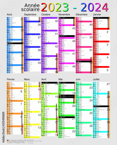 Calendrier scolaire 2023-2024, calques, vacances scolaires, Saints, 12 mois