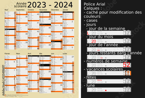 Calendrier scolaire 2023-2024, calques, vacances scolaires, Saints, 12 mois