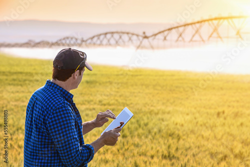 Farmer standing in a wheat field using a tablet and inspecting the yield with irrigation spraying in the background; Alberta, Canada photo