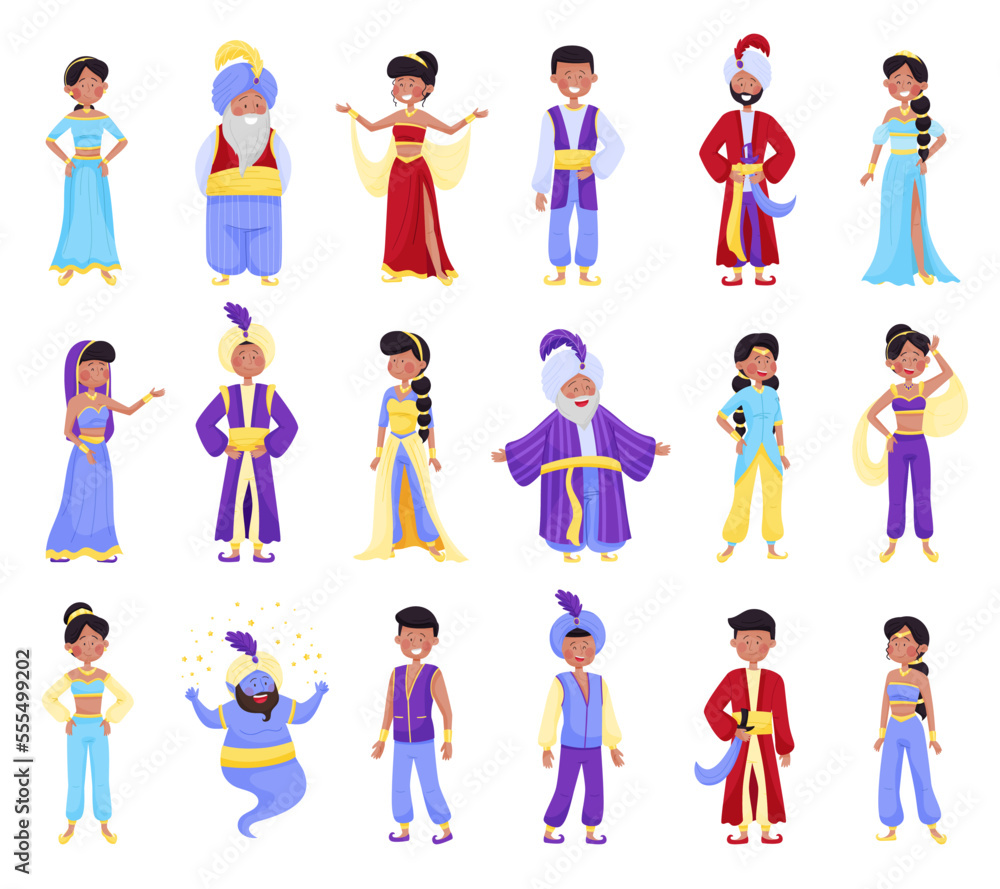 East Fairytale Character with Sultan in Turban, Jinn and Woman Belly Dancer Big Vector Set