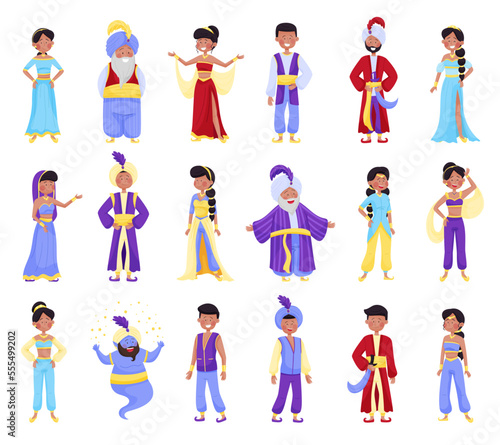 East Fairytale Character with Sultan in Turban, Jinn and Woman Belly Dancer Big Vector Set