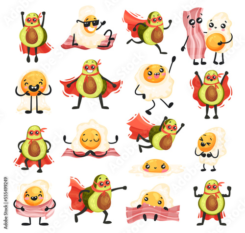 Egg, Bacon and Avocado in Superhero Cloak with Smiling Faces Big Vector Set