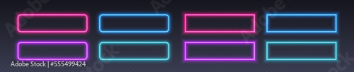 Neon button frames, coloful glowing borders, isolated UI elements. Action button decoration with various corner radius. Vector illustration.