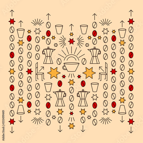 Motif ou fond sur le thème du café et du réveil, l'énergie et la joie avec des tasses, des étoiles, des soleils  des flèches, des cafetières et des grains de café
