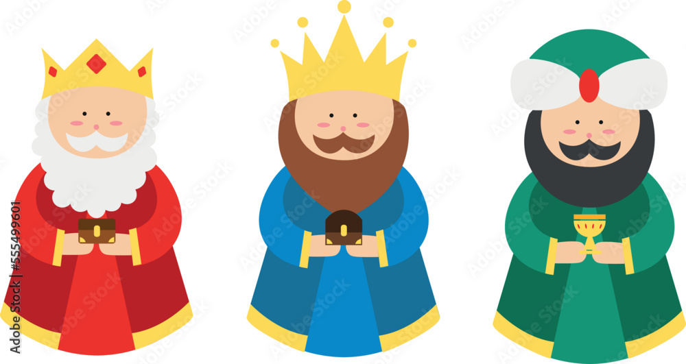 Vector drawing of the Three Wise Men Melchior, Gaspar, Balthazar. With gifts. Illustration for children Vector drawing of the Three Wise Men Melchior, Gaspar, Balthazar. With gifts. Illustration for children