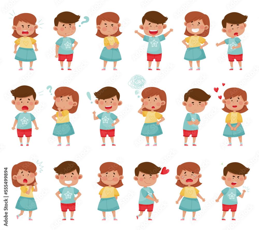 Adorable Boy and Girl Emoji Expressing Different Emotions Big Vector Set