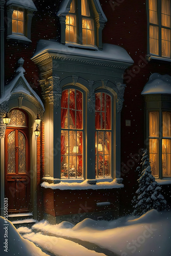 christmas night  snow  house  light in windows  beautiful  concept art illustration