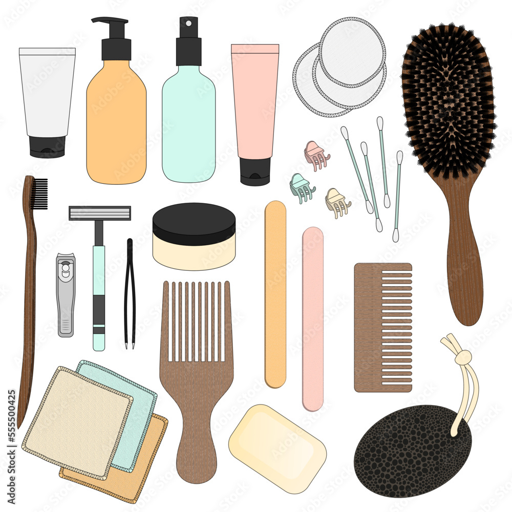Accessoires de salle de bain pour prendre soin de sa peau, ses cheveux et son corps avec des produits et divers objets d'hygiène et de beauté naturels Accessoires de salle de bain pour prendre soin de sa peau, ses cheveux et son corps avec des produits et divers objets d'hygiène et de beauté naturels