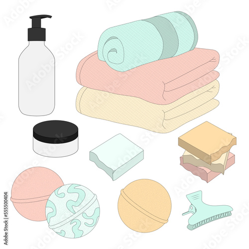Objets de salle de bain ou de centre de remise en forme pour prendre soin de son corps et de sa peau, savons et boules pour le bain, serviettes et produits d'hygiène et de beauté