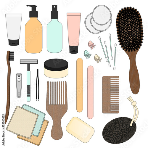 Accessoires de salle de bain pour prendre soin de sa peau, ses cheveux et son corps avec des produits et divers objets d'hygiène et de beauté naturels