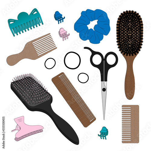 Collection d'accessoires pour les cheveux, brosse en bois et en plastique, peigne, élastiques et pinces pour cheveux, ciseaux de coiffeur photo