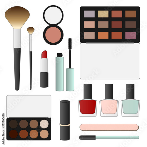 Accessoires de maquillage : palettes de fards à paupières et poudres, vernis à ongle, rouge à lèvre, mascara et autres objets pour une trousse de maquillage photo