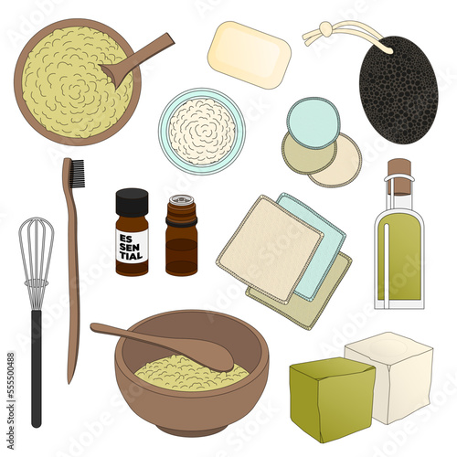 Collection d'objets pour le DIY de soins naturels avec des poudres, huiles végétales, huiles essentielles, shampoings et produits naturels, pour prendre soin de son corps de façon écologique
