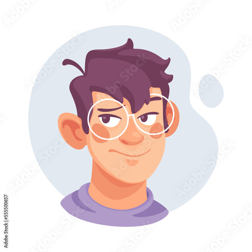 Man in Glasses Showing Emotion of Suspicion with Raised Eyebrow Vector Illustration