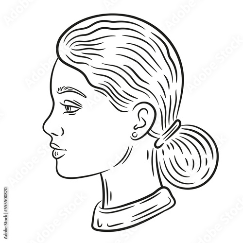 Young woman face profile, beautiful girl portrait side view outline icon. Female head, fashion hairstyle. Elegant businesswoman. Human user facial avatar. Cosmetic, hair beauty, skin care. Line vector