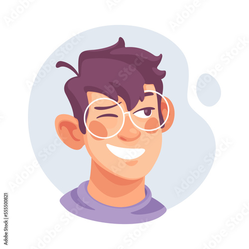 Man in Glasses Showing Emotion of Joy Winking and Smiling Vector Illustration