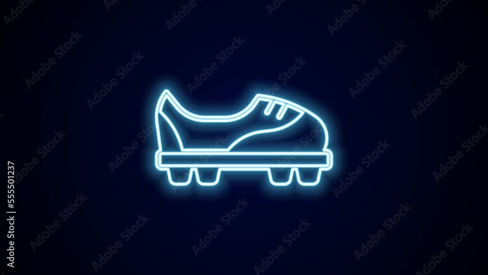 Glowing neon line Football shoes icon isolated on black background. Soccer boots. Sport football foot protection. 4K Video motion graphic animation