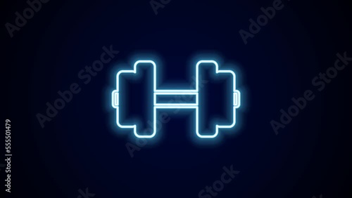 Glowing neon line Dumbbell icon isolated on black background. Muscle lifting, fitness barbell, sports equipment. 4K Video motion graphic animation