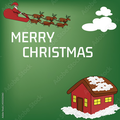 green christmas banner greeting merry christmast on green square background with small house that has a lot of snow and santa sleigh