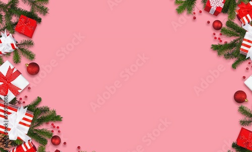 Christmas composition with branches, decorations on desk © BillionPhotos.com