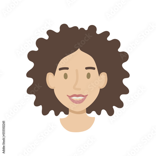Girl face flat. Friendly young woman with curly dark hair. Hand drawn vector illustration.