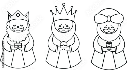 Vector drawing of the Three kings (also known as the wise men or magi). With gifts for baby Jesus. Line drawings for coloring photo