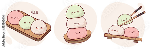 Draw funny kawaii Japan tradition sweet mochi vector illustration. Japanese asian traditional  food, cooking, menu concept.  Doodle cartoon style.