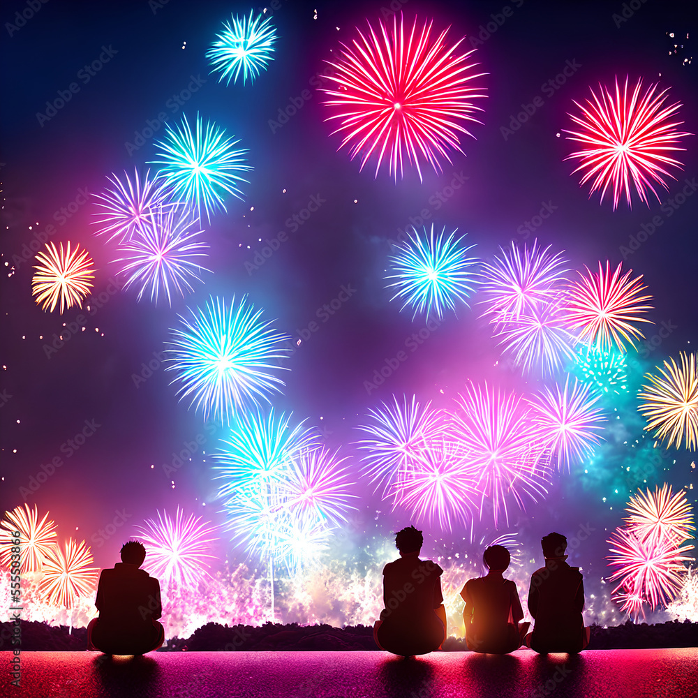 happy new year celebration, fireworks, AI generated