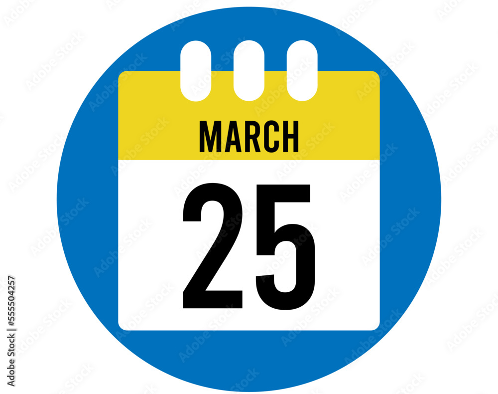 25 day March calendar vector. Calendar page icon for March days. Blue