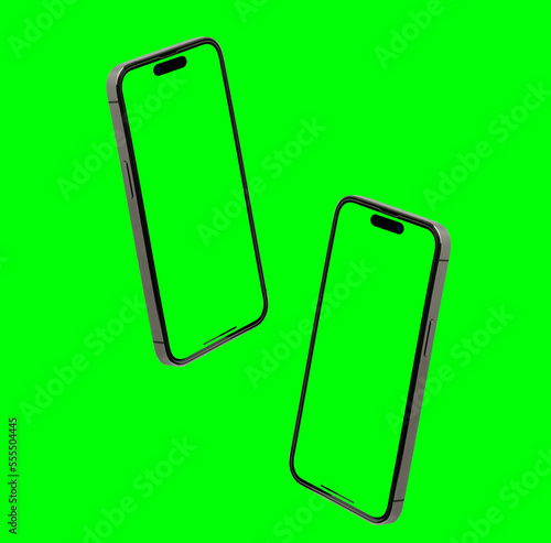 Studio shot of mobile phone or smartphone with green screen in vertical position isolated on background. Mock up mobile for Infographic Global Business web site design app - Clipping Path