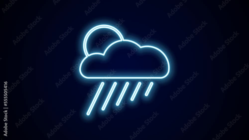 Glowing neon line Cloud with rain and sun icon isolated on black background. Rain cloud precipitation with rain drops. 4K Video motion graphic animation Glowing neon line Cloud with rain and sun icon isolated on black background. Rain cloud precipitation with rain drops. 4K Video motion graphic animation